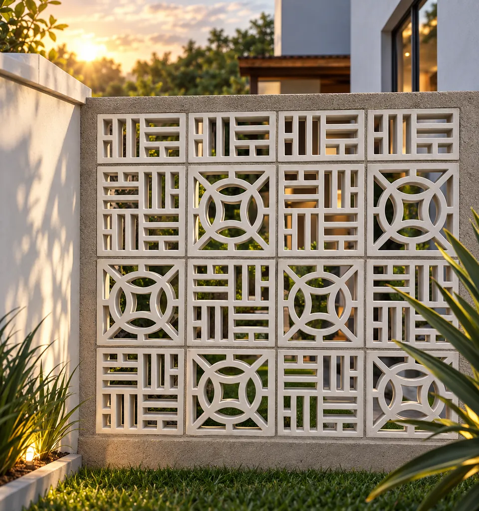Muro com painel de elementos vazados de concreto em área externa, com jardim ao pôr do sol